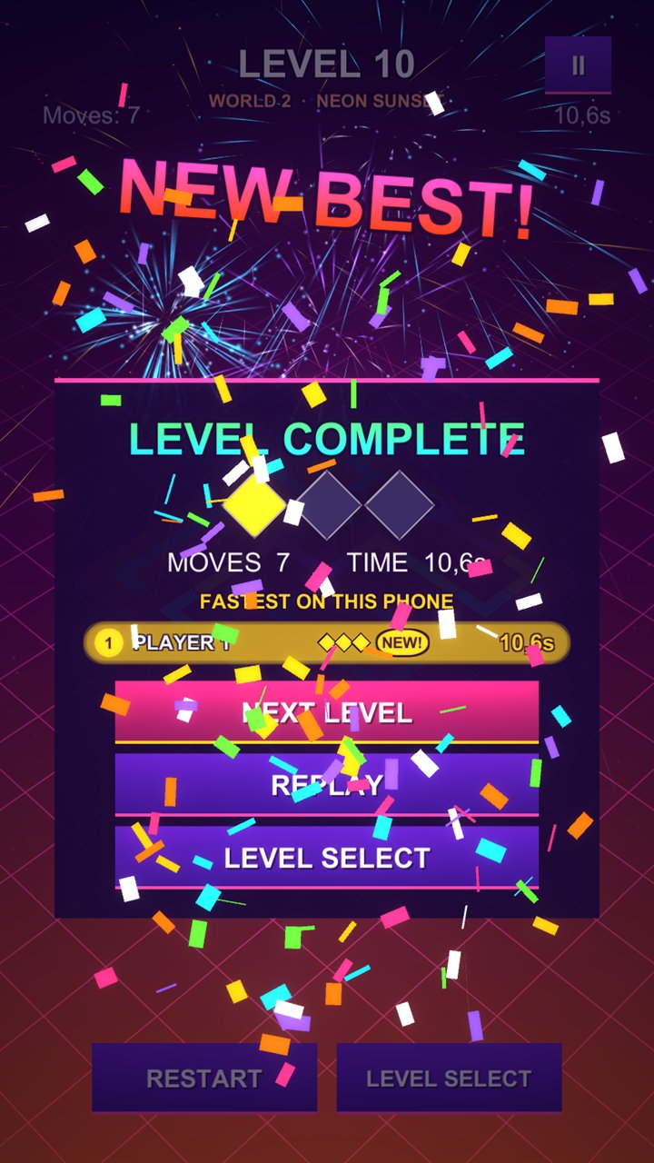 The level complete screen with NEW BEST and confetti